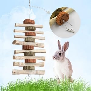 4 PCS Rabbit Chew Toys for Teeth Grinding, Delicious Bunny Cage Hanging Chew Toys, Natural Sweet Bamboo Chew Sticks and Timothy Grass Cake Hay Treats Maintaining Healthy Teeth for Rabbits-PurrikoPets