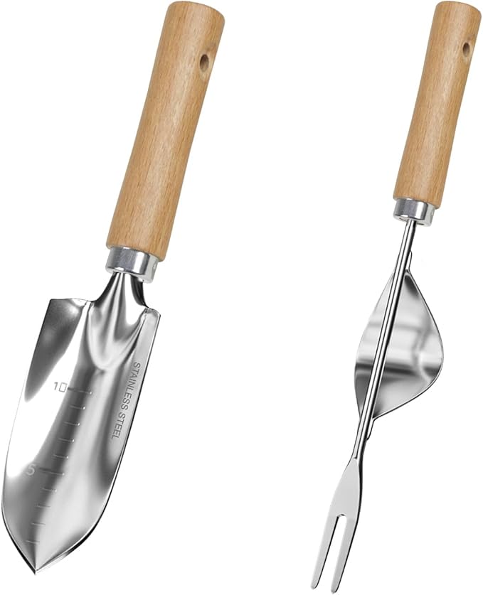Garden Tool Set, 2 Pieces Stainless Steel Heavy Duty Garden Tools, Garden Kit with Ergonomic Wooden Handle, Durable Garden Tools for Gardening, Gardening Gifts for Women-PurrikoPets
