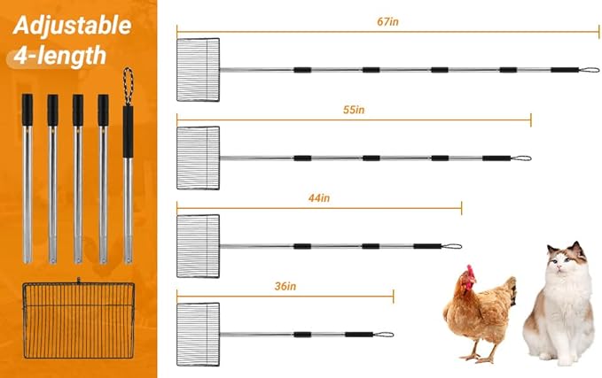 10inch Large Chicken Poop Scooper,36 to 67" Adjustable Long Chicken Coop Litter Metal Scoop with Stainless Steel Handle,5-in-1 Detachable Poop Shovel for Sand,Pet,Chicken,Cat Cleaning Tools.-PurrikoPets