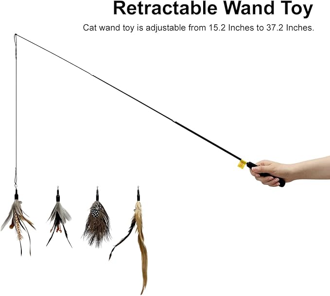 TTcat Cat Feather Wand Toys,Retractable Wand Toy with 4 Feather Refills, Interactive Cat Toy Kitten Toy for Indoor Cats to Play Chase Exercis-PurrikoPets