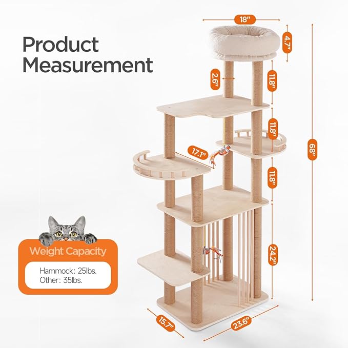68" Large Cat Tree, Solid Wood Multi-Level Cat Tower with Scratching Posts, Fun Toys, and Washable Plush Platform for Indoor Cats-PurrikoPets