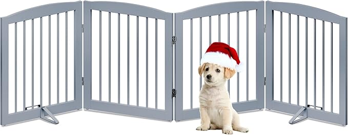 Freestanding Pet Gate - Foldable Wooden Dog Gate for House, Indoor, 80 Inch Wide, 4 Panels 24", Grey-PurrikoPets