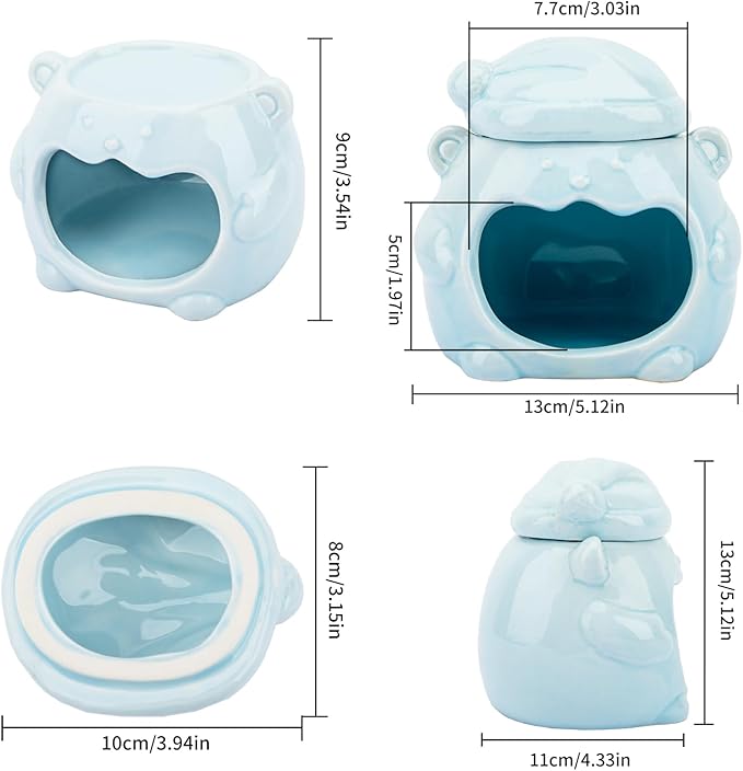 3-in-1 Bear Shaped Ceramic Hamster House - Cool House for Syrian Dwarf Hamsters, Mice, Gerbils, Small Pets, Top for Hamster Food, Removable Lid for Ice Packs, Cute Cool Hideout for Summer(Blue)-PurrikoPets