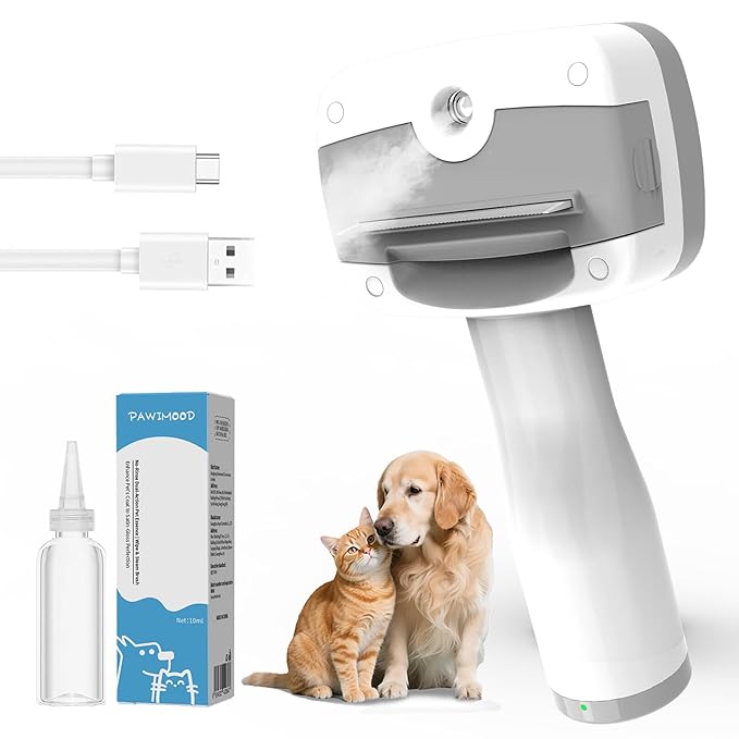 5 in 1 Pet Steam Brush for Dogs & Cats – Self Cleaning, 3 Pet Brush for Smoothing, Dematting, Thinning – Shedding, Grooming & Hair Removal, Includes Shampoo & Storage Case (7.4"-deshedding)-PurrikoPets