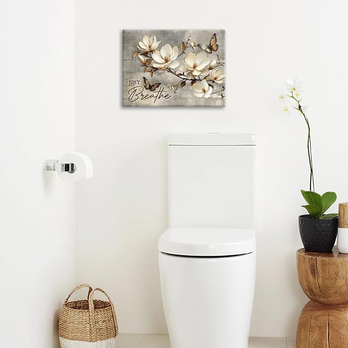 Floral Magnolia Bathroom Pictures Wall Art, Just Breathe Bathroom Wall Decor, Flower Butterfly Framed Painting Canvas Artwork for Bedroom Living Room Decorations 16"L x 12"W-PurrikoPets