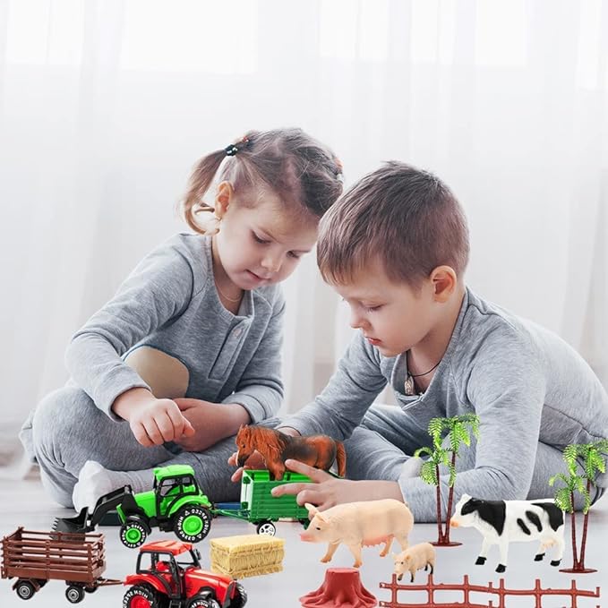 3 Pack Farm Toy Tractor with 40pcs Plastic Animals Figurines and Fence Playset, Farm Figures Farmer Vehicle Toy Truck with Trailer for 3-12 Years Old Kids Boys Girls Toddlers-PurrikoPets