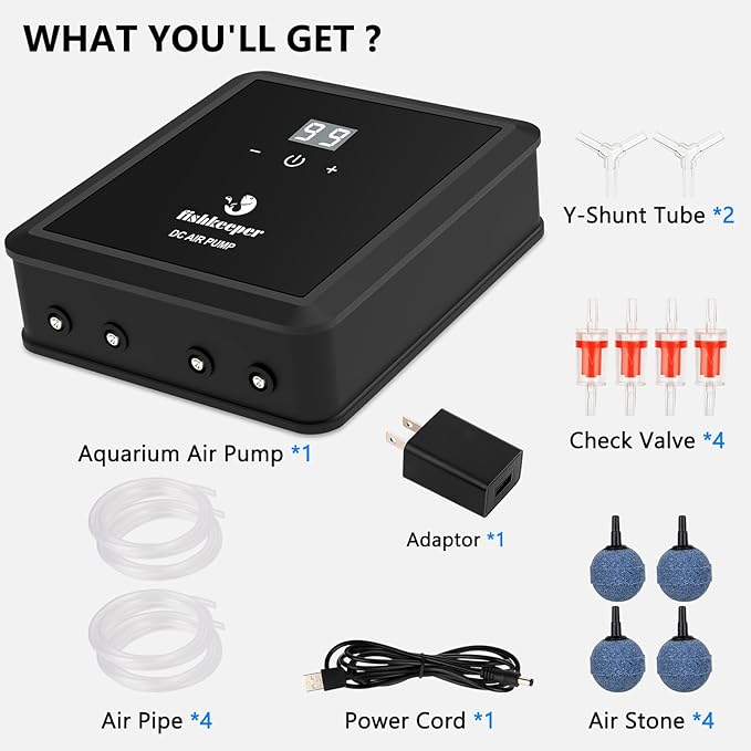 fishkeeper Aquarium Air Pump, 12W 320GPH Ultra Quiet Fish Powerful Fish Tank Air Pump with Four Outlet Adjustable Oxygen Aerator Pump with Air Stone Bubbler for 30-600 Gallon Tanks-PurrikoPets