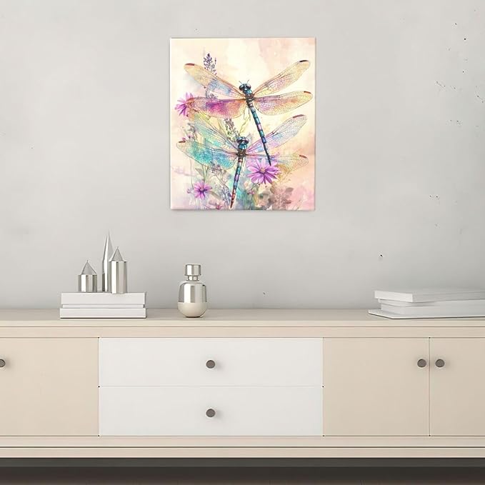 Dragonfly Bathroom Pictures Wall Art, Floral Bathroom Wall Decor, Framed Painting Canvas Artwork for Bedroom Living Room Decorations 24"L x 20"W-PurrikoPets