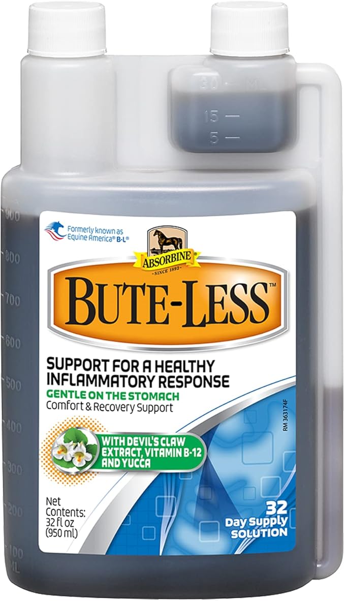 Absorbine Bute-Less Long-Term Horse Comfort & Recovery Supplement Solution, Gentle on Stomach, Devil's Claw, Vitamin B-12, Yucca, 32oz / 32 Day Supply-PurrikoPets