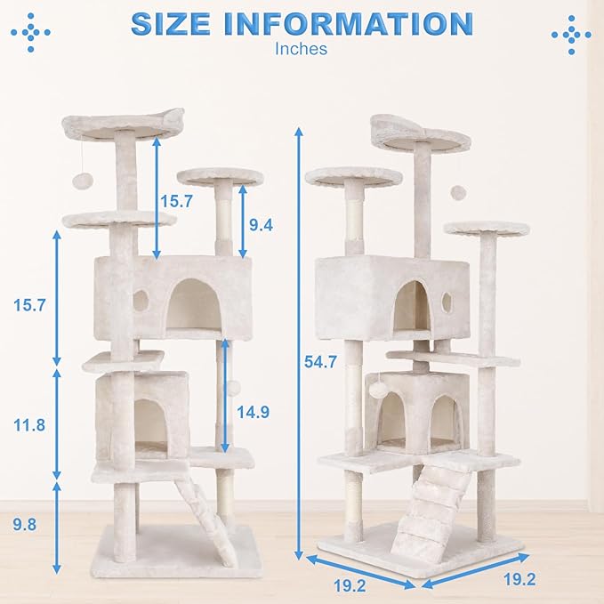 FDW Cat Tree 54in Cat Tower Multi-Level Durable Cat Scratching Post & Cozy Fun Cat Jumping Platform Space Saving Cat Condo Pet Play House for Indoor Cats,Beige-PurrikoPets