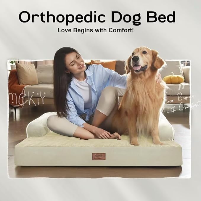 Extra Large Dog Bed-Orthopedic Waterproof XL Dog Bed for XLarge Extra Big Dogs - Foam Couch Sofa Washable with Removable Cover-Beige-PurrikoPets