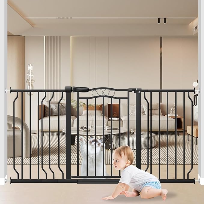 53.1-62.5 Inch Extra Wide Baby Gate, Pressure Mounted Dog Gate Indoor, Walk Thru Pet Gate for Cat Dog Child,Pet Gates for The House Doorway Black-PurrikoPets
