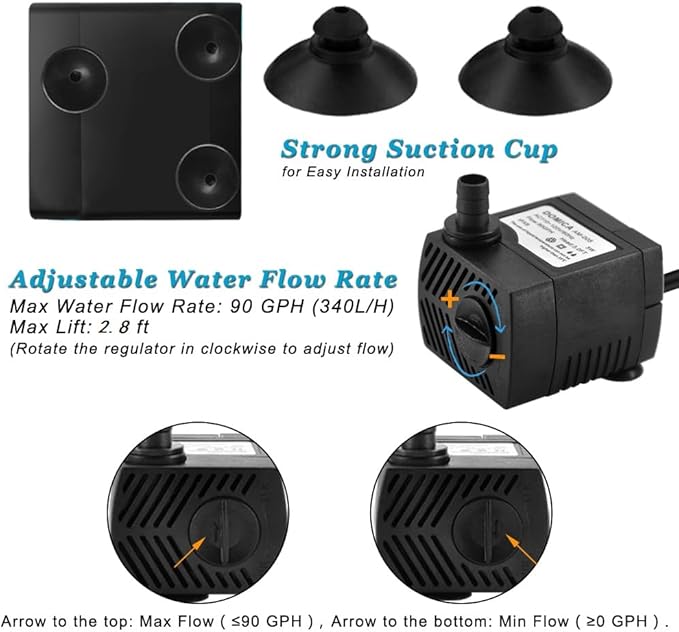 90 GPH Mini Submersible Pump, Small Fountain Pump (5W 350L/H) for water feature, Aquariums, Fish Tank, Tabletop Fountain, Pet Fountain, Indoor or Outdoor Pond Fountain-PurrikoPets