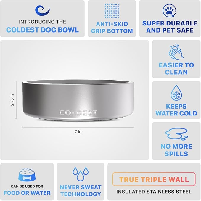 Coldest Dog Bowl - Anti Rust Metal, Non Slip, 3 Layers Insulated Stainless Steel Dog Bowls - Spill Proof & Heavy Duty - Water Bowl for Dogs, Cats, Dish Washer Safe (42 oz, Polished Stainless Steel)-PurrikoPets