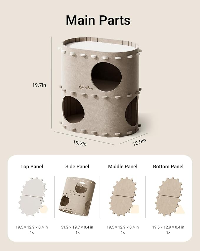 DownyPaws Cat House for Indoor Cats, 2-Storey Foldable Cat Bed Cave, Felt Cats Tunnel Bed Condo, Castle Kitten Cube Hideaway for Multicats, Scratch Resistant, Cream-PurrikoPets