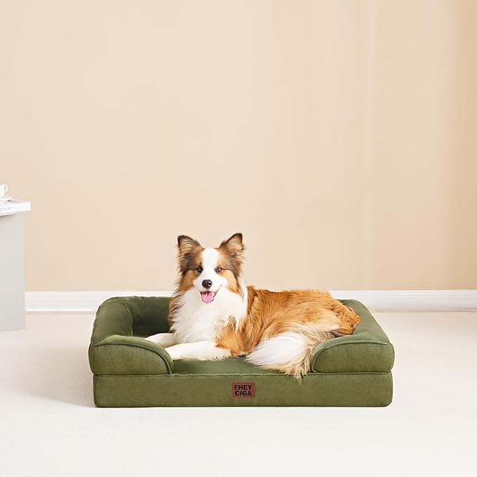 EHEYCIGA Orthopedic Dog Beds for Extra Large Dogs 44x32Inch, Waterproof Memory Foam XL Pet Bed with Sides, Non-Slip and Egg-Crate Foam Big Dog Couch Bed with Washable Removable Cover, Olive Green-PurrikoPets