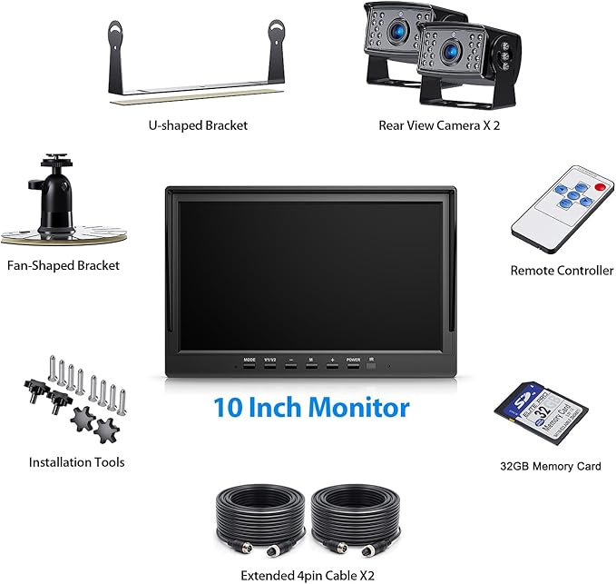 10" HD Backup Camera System Kit, Loop Recording Large Monitor with Wired Rear View Camera, IR Night Vision Waterproof Camera with Safe Parking Lines for Bus, Semi-Truck, Trailer, RV, BY102A-PurrikoPets