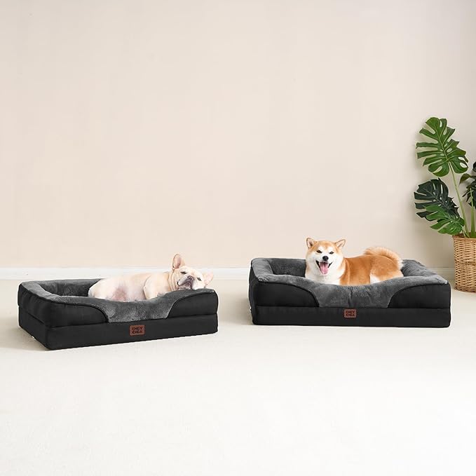 EHEYCIGA Memory Foam Dog Bed for Medium Size, Orthopedic Dog Sofa with Sides and Waterproof Liner, Washable Bolster Pet Couch with Removable Cover, 35x22x6.5 Inch, Grey/Black-PurrikoPets