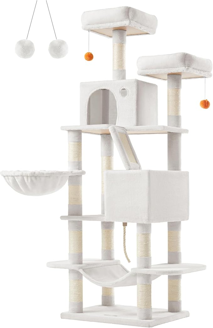 Feandrea Cat Tree, 66.1-Inch Large Cat Tower with 13 Scratching Posts, 2 Perches, 2 Caves, Basket, Hammock, Pompoms, Multi-Level Plush Cat Condo for Indoor Cats, Cream White UPCT165T01-PurrikoPets