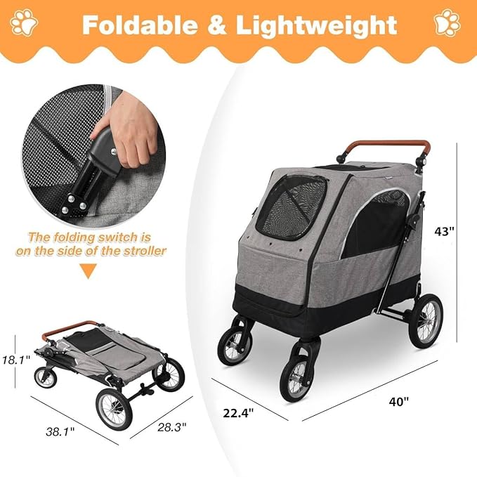 4 Wheel Pet Stroller with Storage Basket - Foldable & Breathable with Mesh Skylight, Large Dog Stroller with Adjustable Handle - Ideal for Travel and Walking with Medium to Large Dogs, Up to 120 lbs-PurrikoPets