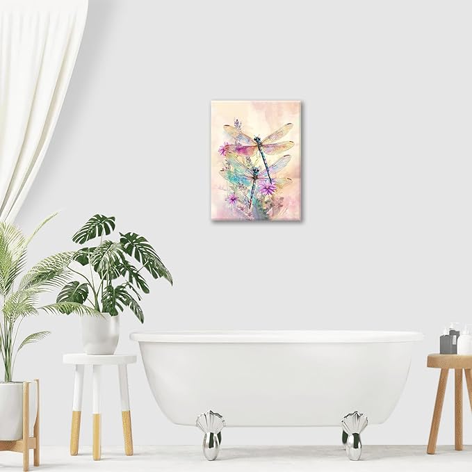 Dragonfly Bathroom Pictures Wall Art, Floral Bathroom Wall Decor, Framed Painting Canvas Artwork for Bedroom Living Room Decorations 20"L x 16"W-PurrikoPets