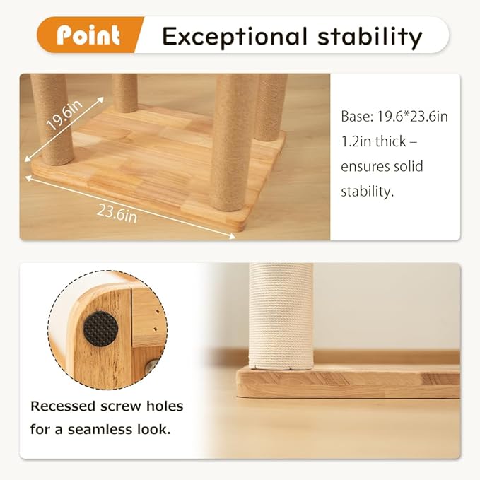 74" Wooden Cat Tree Tower for Large Cats, Multi-Level Cat Climbing Furniture with Scratching Posts, Cat Condo & Hammock, Natural Wood Cat Activity Center(Brown)-PurrikoPets