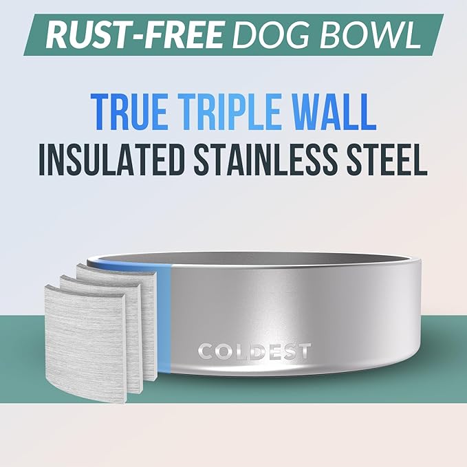 Coldest Dog Bowl - Anti Rust Metal, Non Slip, 3 Layers Insulated Stainless Steel Dog Bowls - Spill Proof & Heavy Duty - Water Bowl for Dogs, Cats, Dish Washer Safe (42 oz, Polished Stainless Steel)-PurrikoPets