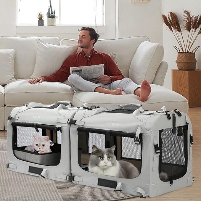 Extra Large Cat Carrier Soft Sided, Portable Small Dog Carrier for 2 Cats, 24"x16.5"x16" Car Travel Folding Comfortable Design with Litter Box and Bowls, Grey-2+ Litter Box+ Bowl*2-PurrikoPets