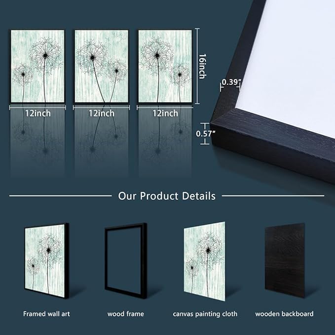 AHUASJART Black Framed Wall Art for Living Room Wall decor for Bedroom Room Decor light green background Pictures Dandelion Paintings posters kitchen Home Decorations 3 Piece Framed Prints Artworks-PurrikoPets