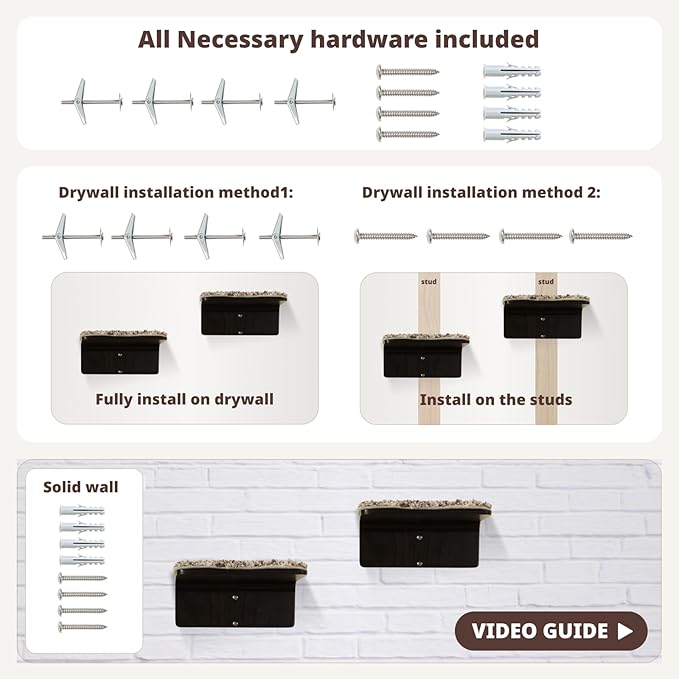 2 Set Cat Wall Steps - Wooden Cat Climbing Shelf for Wall - Cats Wall Stairs with Scratching Mat - Wall Mounted Cats Furniture for Jumping, Playing, and Lounging, Walnut-PurrikoPets