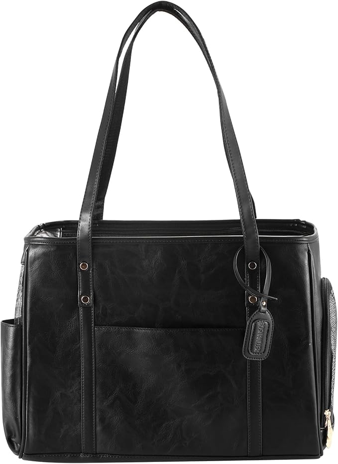 Fashion Dog Carrier Purse, Premium Leather Cat Carrier Bag, Airline Approved Soft Sided Pet Travel Tote Bag with Pockets Black-PurrikoPets