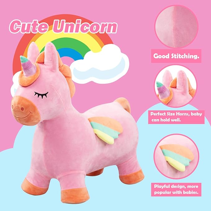 EVERICH TOY Bouncy Horse Unicorn Toys, Inflatable Bouncing Animal Hopping Toys, Outdoor Indoor Ride on Bouncer, Boys Girls Birthday Gift for 18 Month 2 3 4 5 6 Year Old Kid- Plush Unicorn Toy-PurrikoPets