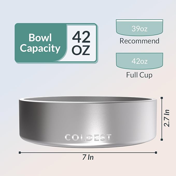 Coldest Dog Bowl - Anti Rust Metal, Non Slip, 3 Layers Insulated Stainless Steel Dog Bowls - Spill Proof & Heavy Duty - Water Bowl for Dogs, Cats, Dish Washer Safe (42 oz, Polished Stainless Steel)-PurrikoPets