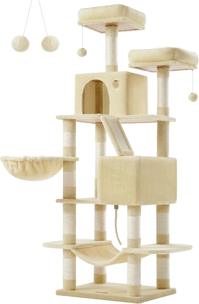 Feandrea Cat Tree, 66.1-Inch Large Cat Tower with 13 Scratching Posts, 2 Perches, 2 Caves, Basket, Hammock, Pompoms, Multi-Level Plush Cat Condo for Indoor Cats, Beige UPCT165M01-PurrikoPets