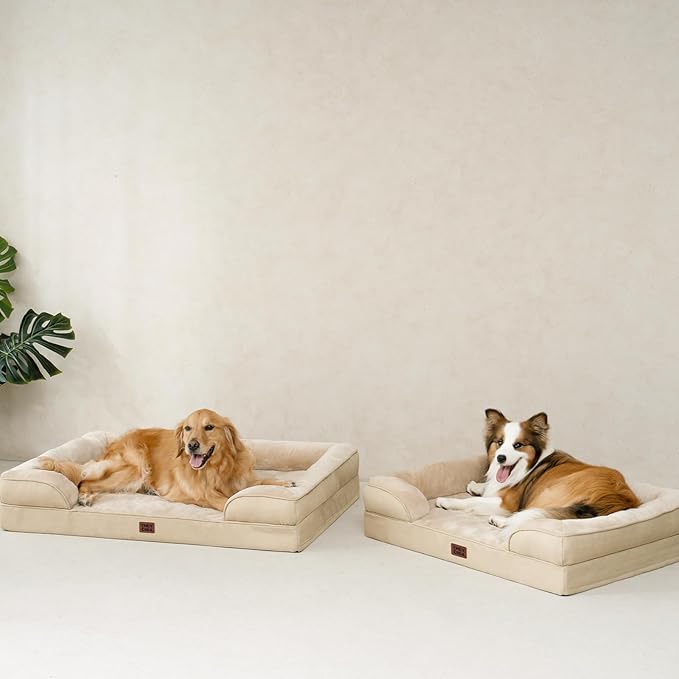 EHEYCIGA Orthopedic Dog Beds for Extra Large Dogs, Waterproof Memory Foam XL Pet Bed with Sides, Non-Slip Bottom and Egg-Crate Foam Big Dog Couch Bed with Washable Removable Cover, Greige-PurrikoPets