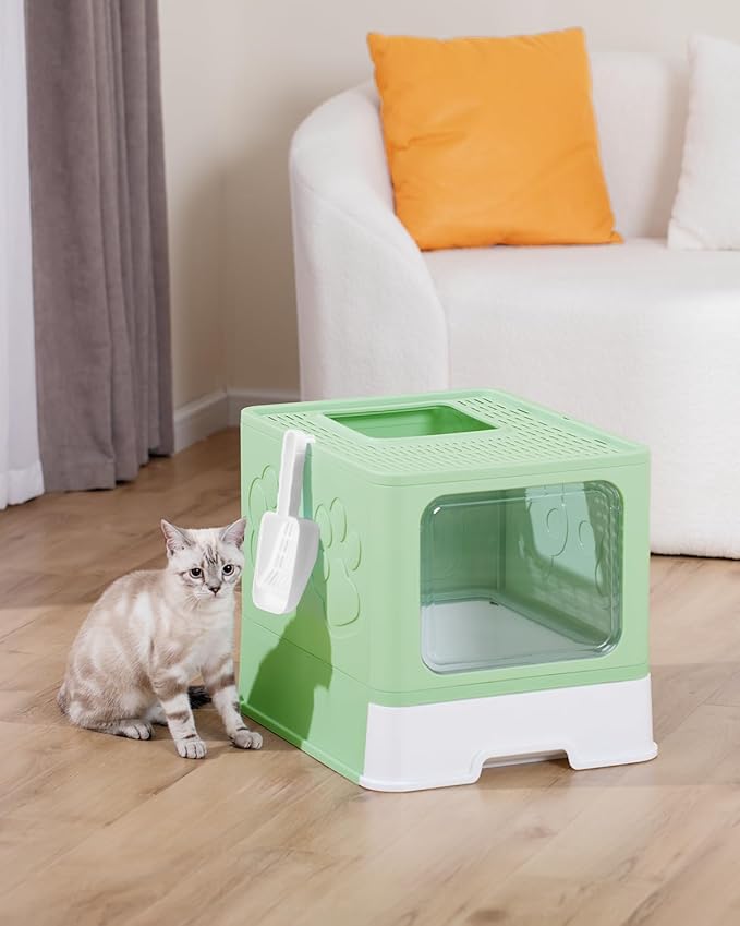 Enclosed Cat Litter Box, Large Litter Box for Big Cats, Covered Kitty Litter Boxes with Lid, Top Entry Cat Box Enclosure with Scoop, Odor Control, Easy to Clean(Green)-PurrikoPets