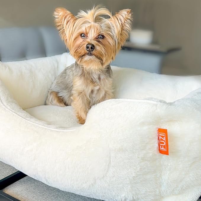 FUZI Luxury Aesthetic Dog Bed with Extra Cover for Large Dogs, Washable Pet Couch, Pet Bed with Sides, Non-Slip Bottom, Soft and Durable Calming Dog Bed, Faux Fur, Large 35.6x28.5x9.5 Soft White-PurrikoPets