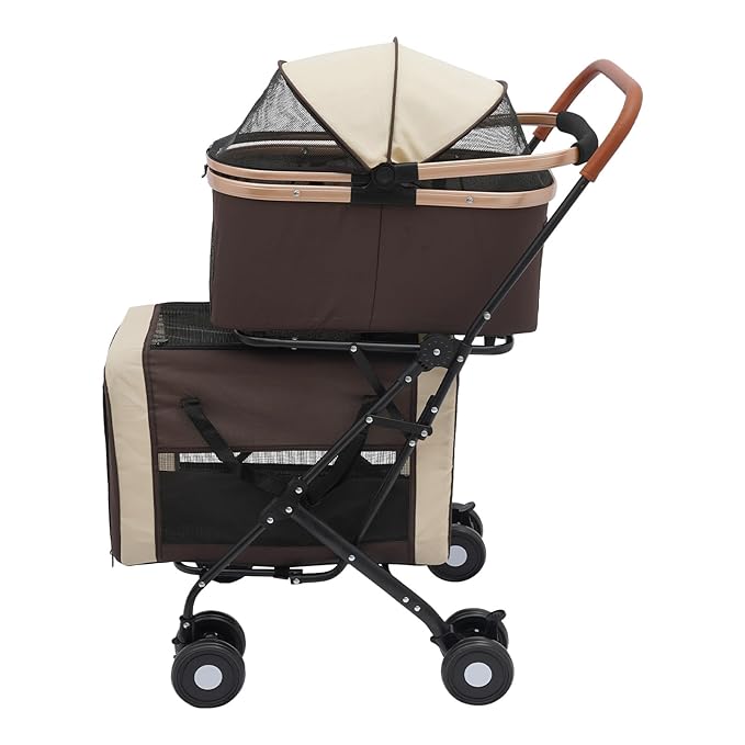 Foldable Pet Stroller for Small & Medium Dogs, Double Dog & Cat Stroller with 3-in-1 Travel System, Detachable Pet Carrier with Wheels for Cats and Dogs up to 77 lbs, Coffee Color-PurrikoPets