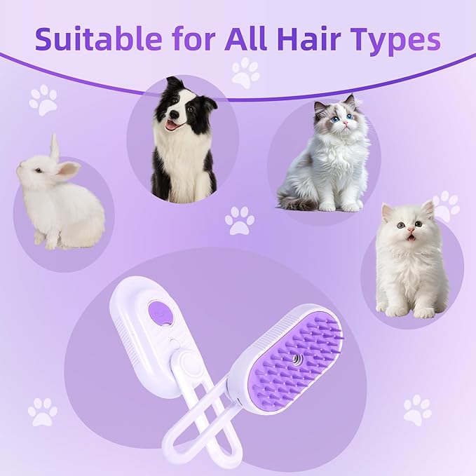 4-in-1 Rechargeable Anti-Dandruff Pet Steam Brush — brush for sheddingCats & Dogs,pet hair removal tool. Integrating functions of massage,clean, hair grooming and anti-static (purple)-PurrikoPets