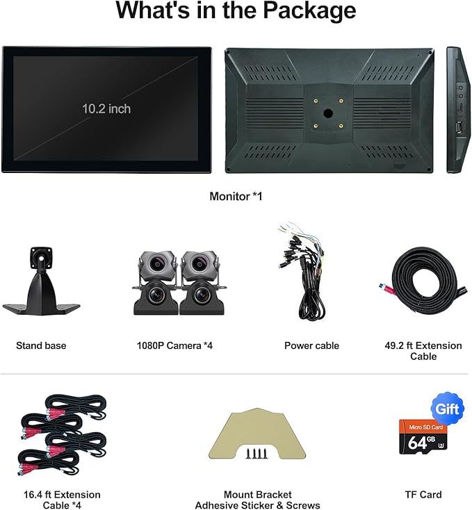 4 Channel 1080p Backup Camera Dash Cam for RV/Truck/Trailer/Van/SUV/Cars,10.2 Inch Touch Screen Quad Split Parking Monitor with DVR Recording/Playback/Bluetooth/FM Radio/Music/Video Player-PurrikoPets