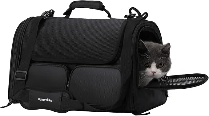 FUKUMARU Cat Carrier, 4 Mesh Windows Small Dog Carrier, 4 Storage Pockets Cat Travel Bag, Under 15 lb Airline Approved Pet Carrier, Rollable Cover for Nervous Cats, Black-PurrikoPets