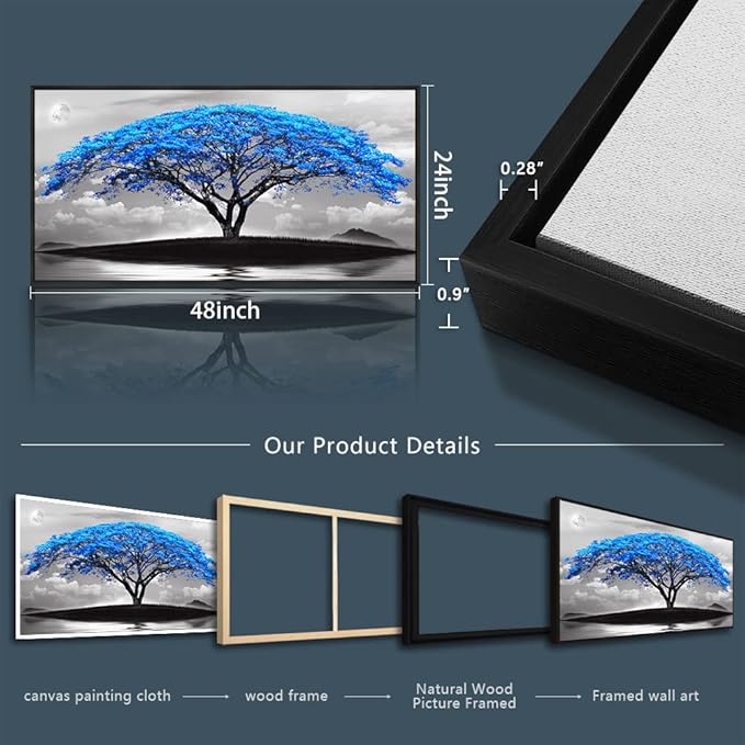 Framed Canvas Wall Art For Office Large Size Living Room Wall Decor Bedroom Decor Wall Pictures Artwork Black And White Landscape Blue Tree Moon Wall Painting Home Decorations Black Frame 24" X 48"-PurrikoPets