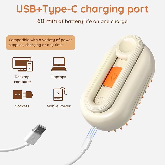 GKZ Cat Steam Brush, 3 in 1 Pet Comb for Massage, Cleaning, Shedding and Combing, Electric Mist to Prevent Flyaways for Home, Dogs and Cat Lovers - Khaki-PurrikoPets