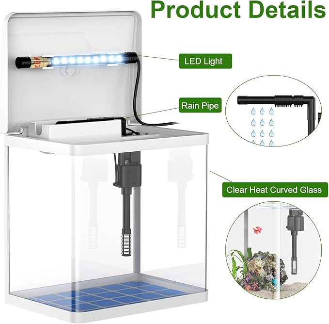 2 Gallon Glass Betta Fish Tank,Small Fish Tank with Filter and Light,Self-Cleaning Fish Tank.-PurrikoPets