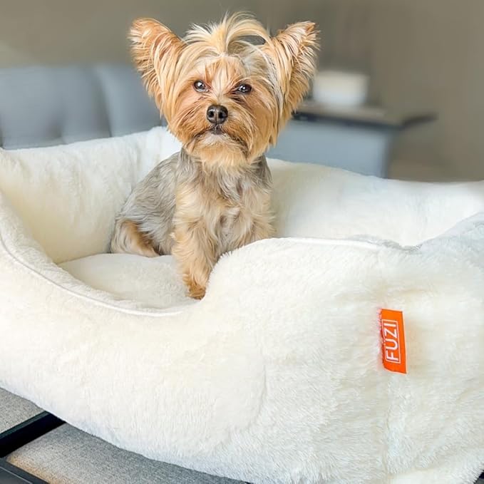 FUZI Luxury Aesthetic Dog Bed for Small Dogs with Washable Cover, Pet Couch, Pet Bed with Sides, Non-Slip Bottom, Soft and Durable Calming Dog Bed, Faux Rabbit Fur, Small 25.1x16.75x9.5 Soft White-PurrikoPets