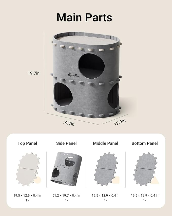 DownyPaws Cat House for Indoor Cats, 2-Storey Foldable Cat Bed Cave, Felt Cats Tunnel Bed Condo, Castle Kitten Cube Hideaway for Multicats, Scratch Resistant, Light Gray-PurrikoPets