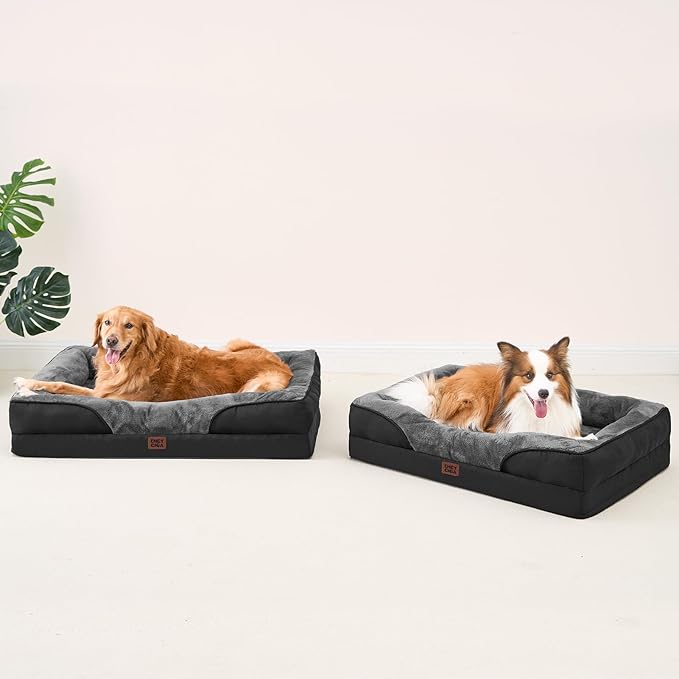 EHEYCIGA Memory Foam Dog Bed for Large Sized, Orthopedic Dog Sofa with Sides and Waterproof Liner, Washable Bolster Pet Couch with Removable Cover, 41x27x7.5 Inch, Grey/Black-PurrikoPets