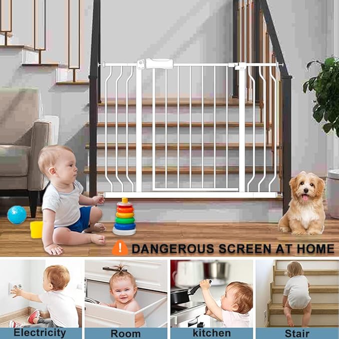 Extra Wide Baby Gates 48-53 Inch Child Dog Pet Gate Indoor Adjustable Safety Child Gates for House Doorway Stairs Banister Walk Through Doggie White-PurrikoPets