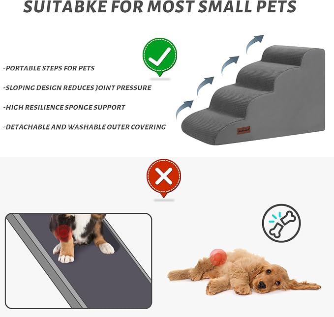 4-Step Dog Stairs and Ramp for Beds or Couches – Non-Slip Sturdy Pet Steps for Small Dogs and Cats,17.4" H,Grey-PurrikoPets