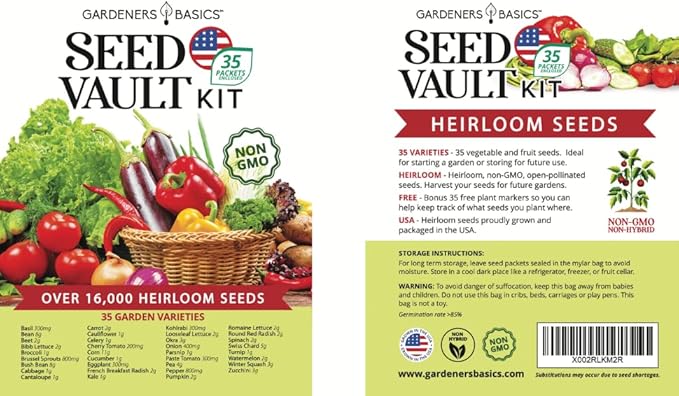 Gardeners Basics Survival Vegetable Seeds Garden Kit Over 16,000 Seeds Non-GMO and Heirloom, Great for Emergency Bugout Survival Gear 35 Varieties Seeds for Planting Vegetables 35 Free Plant Markers-PurrikoPets